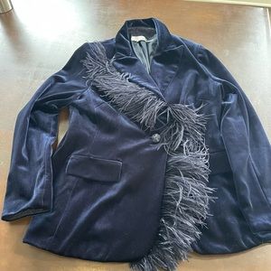 Rickie Freeman Teri Jon velvet suit blazer feather & wide leg pant Purpleblue 16